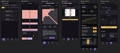 A professional high-performance UI mockup for a mobile poker application. The screen displays a complex 13x13 range grid with vibrant purple, gold, and grey color coding representing poker hands. The interface is set against a deep obsidian background with glassmorphism effects, sharp typography, and technical data overlays. The aesthetic is authoritative and modern, mimicking a high-end trading or command center terminal with subtle glows and layered surfaces.